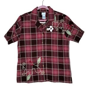 Bobbie Brooks Plaid Embroidered Floral Short Sleeve Button Up‎ Top L Grandmacore